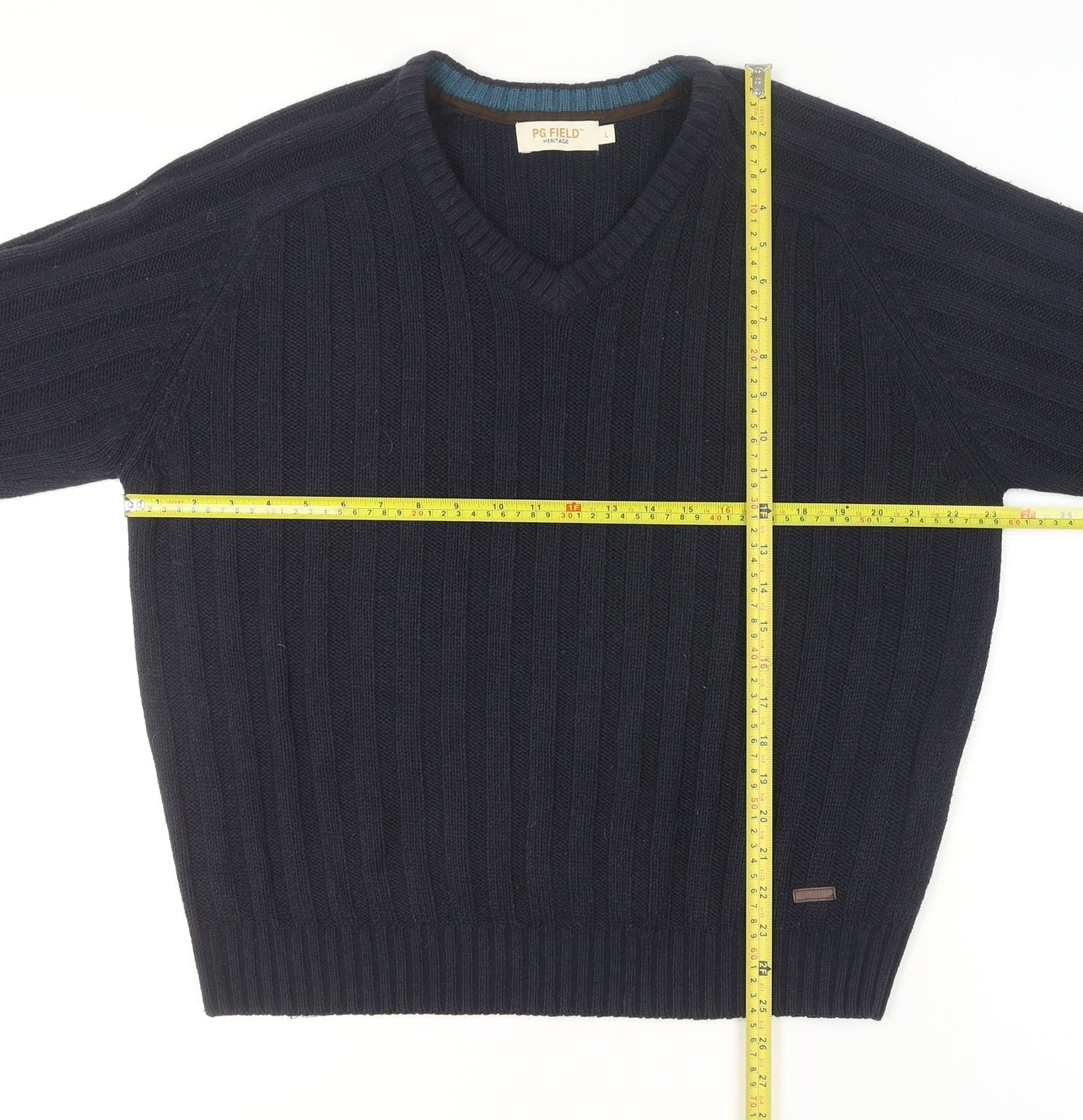 PG Field Men's Blue V-Neck Cable Knit Acrylic Jumper Size L
