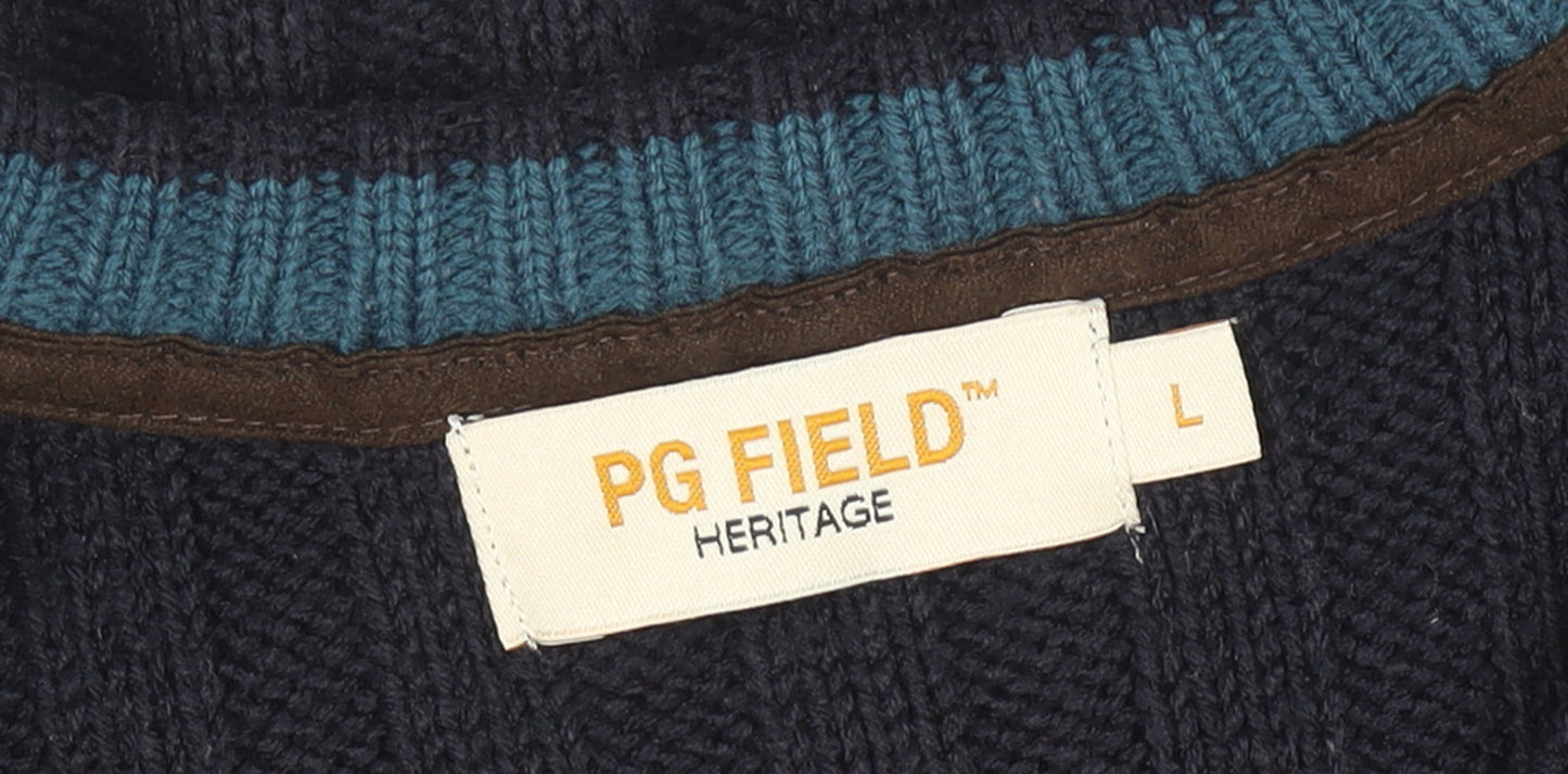 PG Field Men's Blue V-Neck Cable Knit Acrylic Jumper Size L