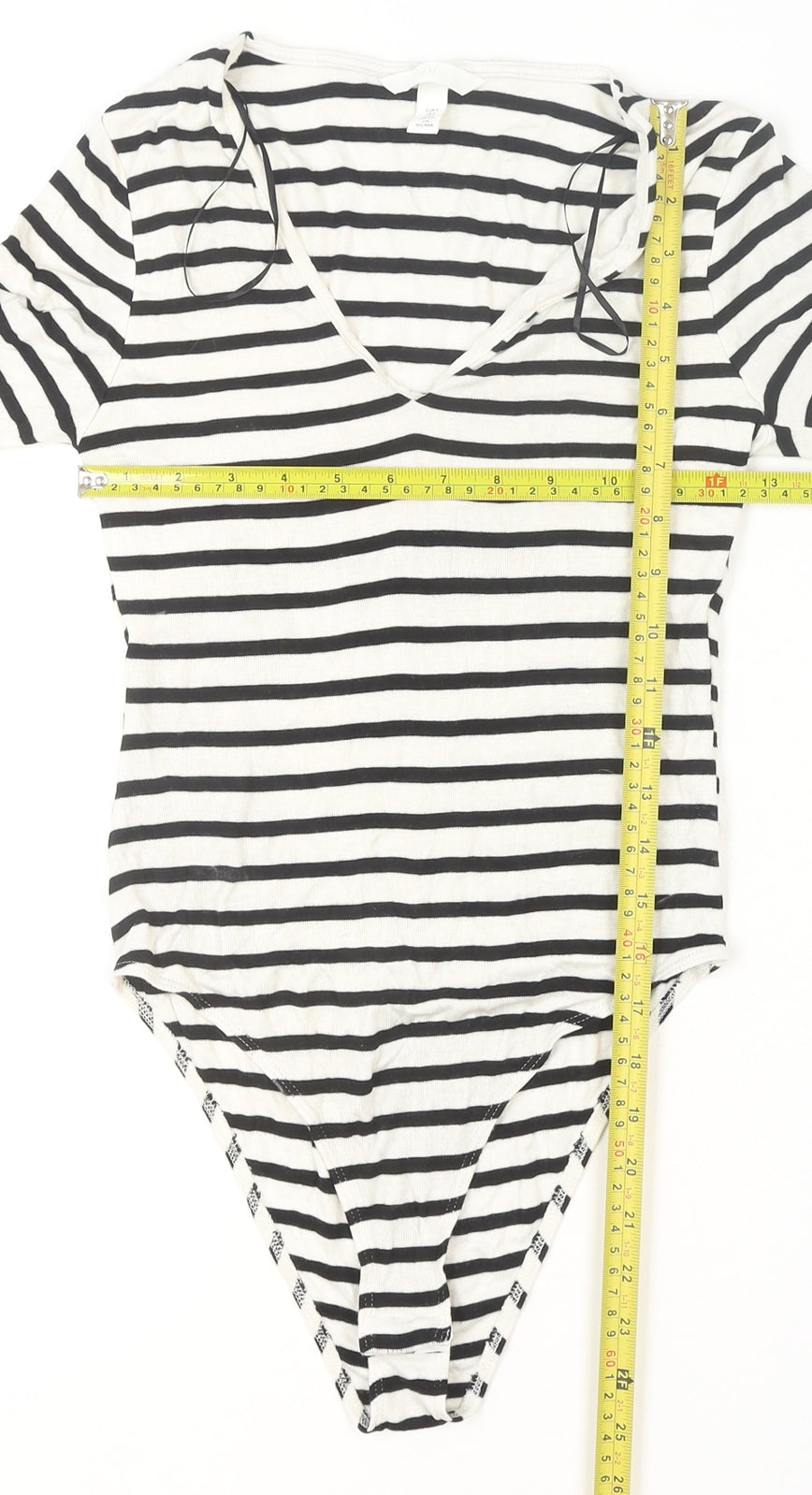 H&M Women's Black White Striped Viscose Bodysuit Size S Long Sleeve