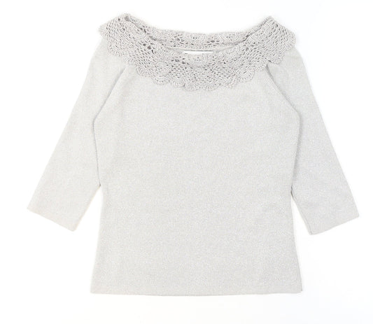 Joseph A. Womens Silver Crochet Neck Knit Blouse Size S