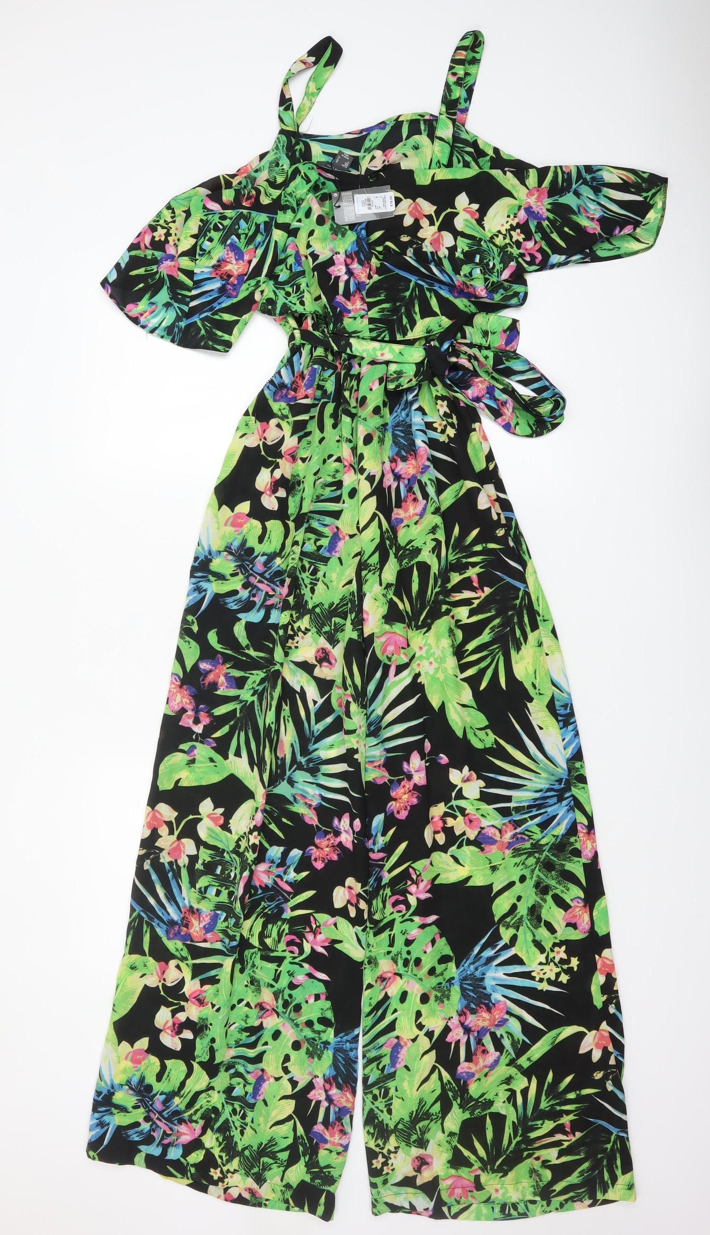 Primark Womens Black Tropical Floral Off Shoulder Jumpsuit Size 10