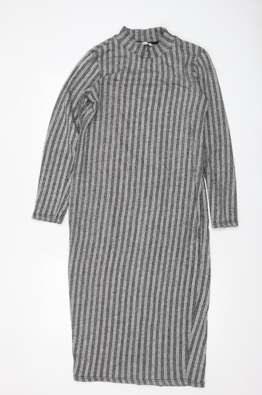 Zara Women Grey Striped Mock Neck Long Sleeve Bodycon Midi Dress L