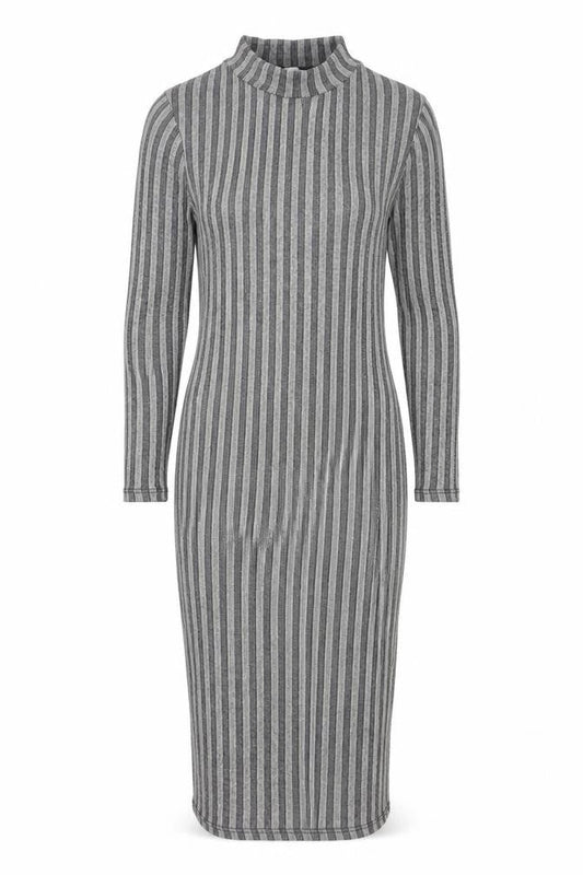 Zara Women Grey Striped Mock Neck Long Sleeve Bodycon Midi Dress L