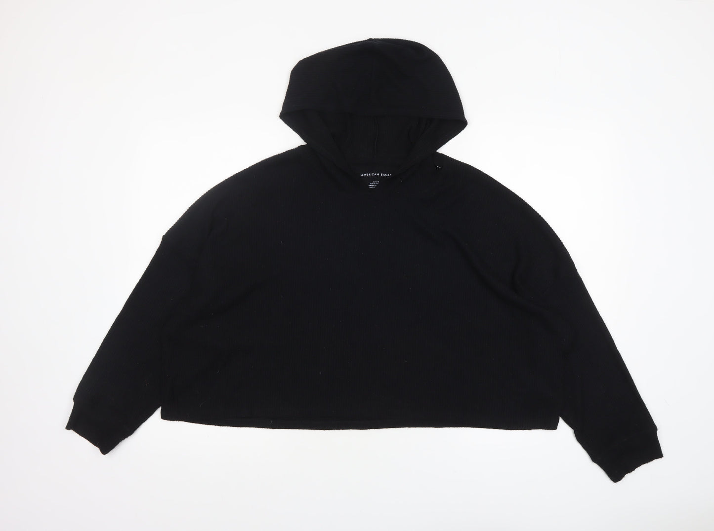 American Eagle Women’s Black Cropped Hooded Long Sleeve T-Shirt L