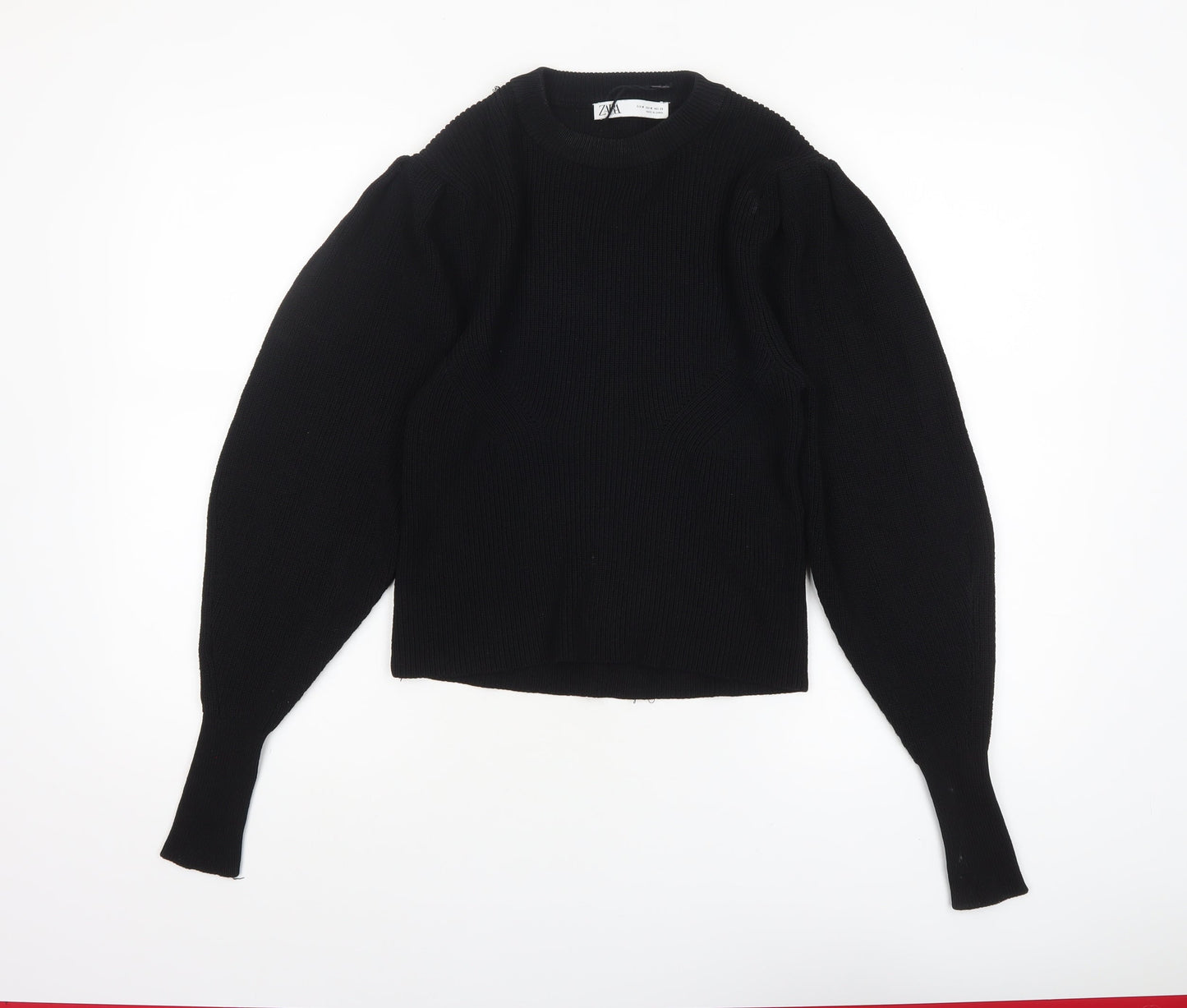 ZARA Women Black Crew Neck Knit Puff Sleeve Pullover Jumper Size 12