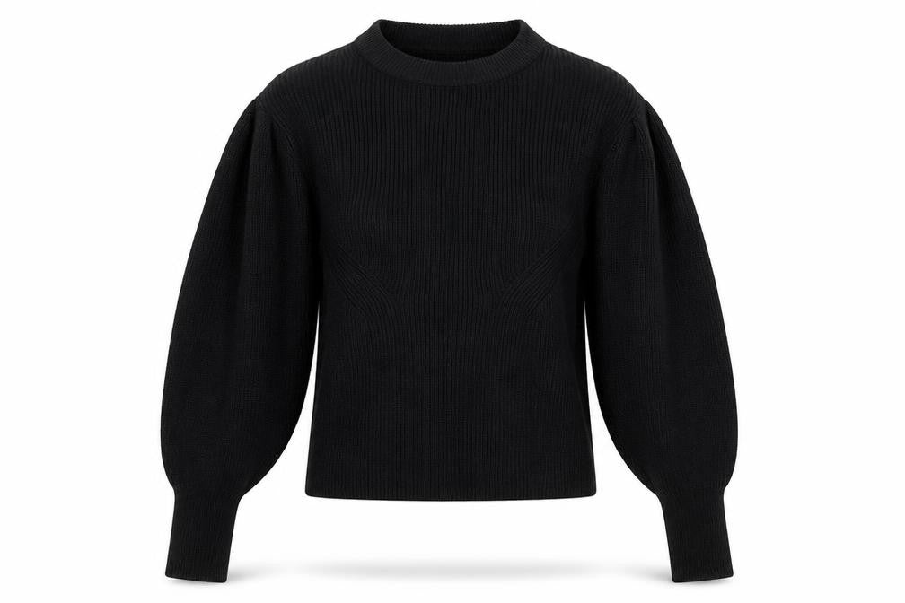 ZARA Women Black Crew Neck Knit Puff Sleeve Pullover Jumper Size 12