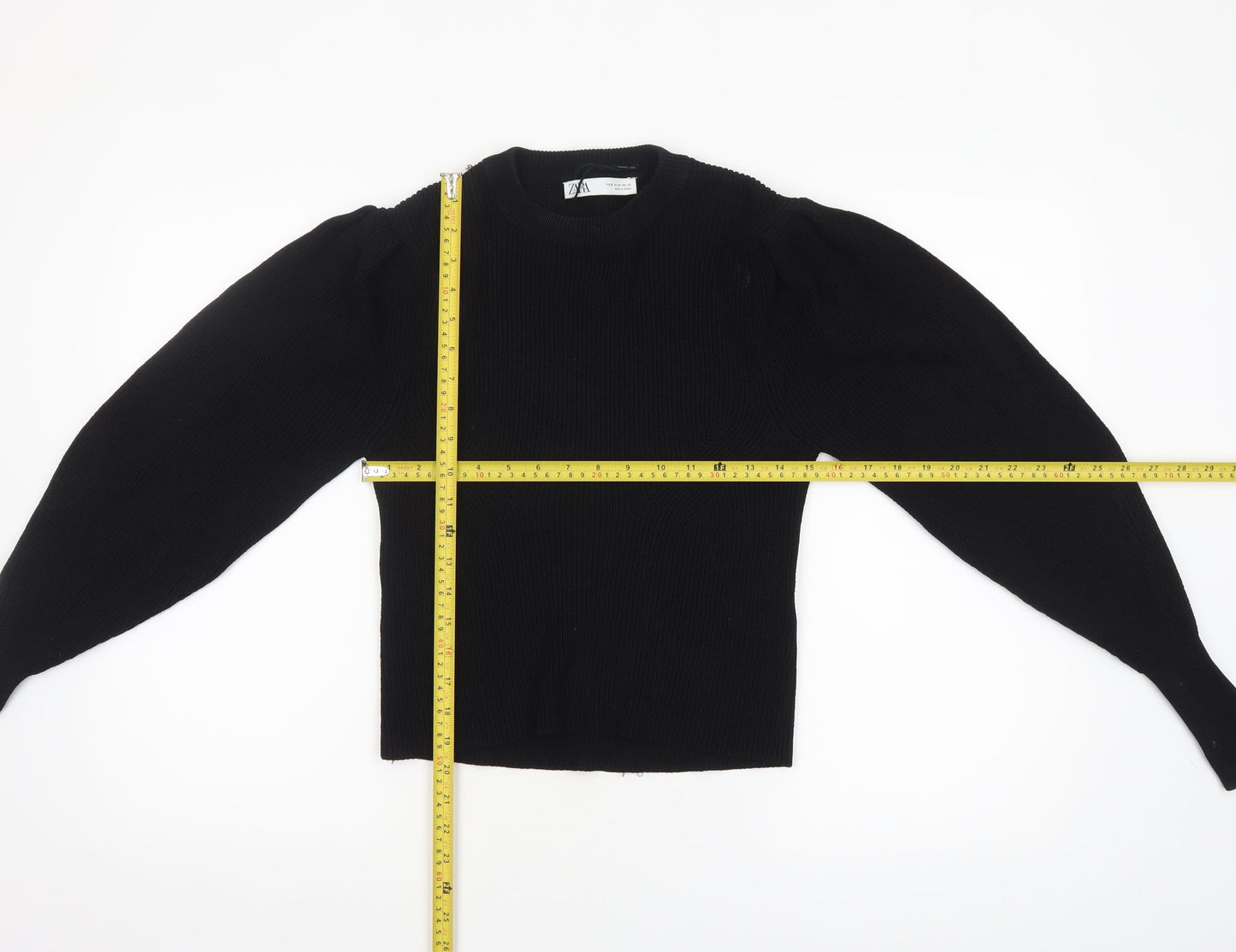 ZARA Women Black Crew Neck Knit Puff Sleeve Pullover Jumper Size 12