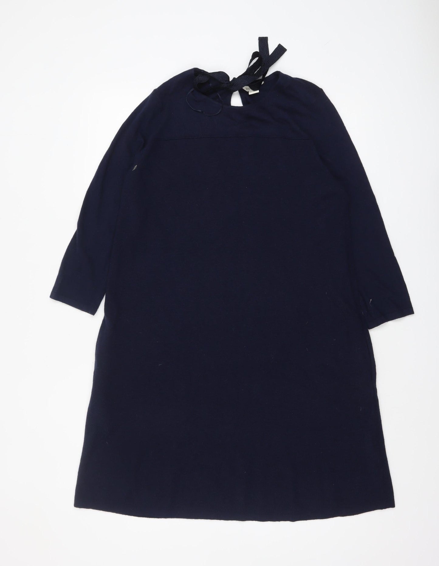 Monsoon Women Blue Size 14 Knit Shift Dress 3/4 Sleeve Bow Tie Back