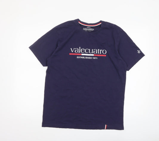 Valecuatro Men’s Blue Cotton Crew Neck Graphic T-Shirt Size L