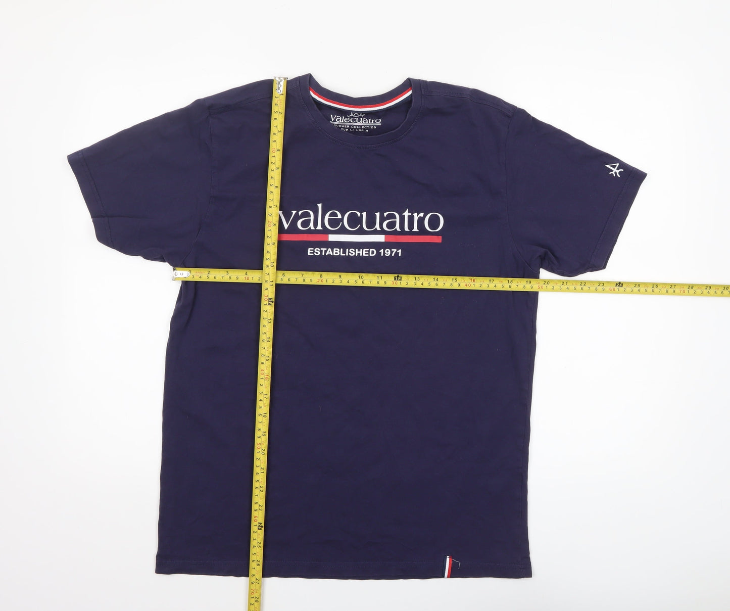 Valecuatro Men’s Blue Cotton Crew Neck Graphic T-Shirt Size L