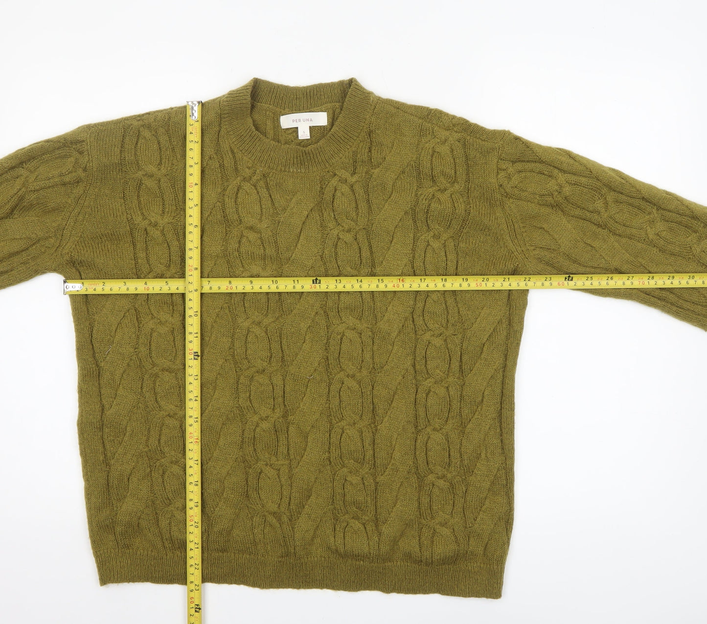 Marks and Spencer Per Una Women's Green Cable-Knit Jumper Size S