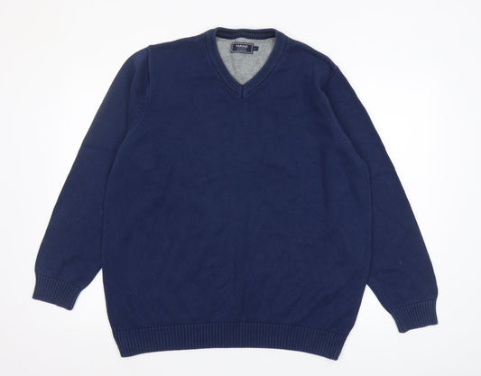 Maine New England Men’s Blue Cotton V-Neck Jumper Size L Classic Knit