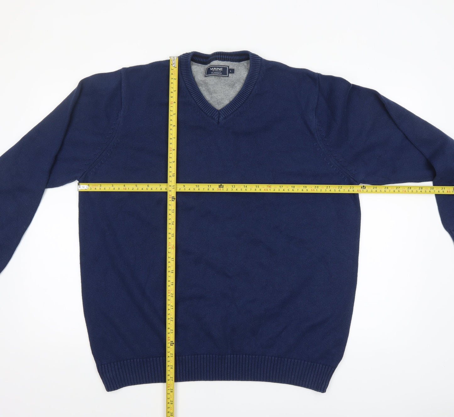 Maine New England Men’s Blue Cotton V-Neck Jumper Size L Classic Knit