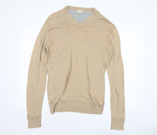 DKNY Jeans Mens Beige Cotton V-Neck Pullover Jumper Size L