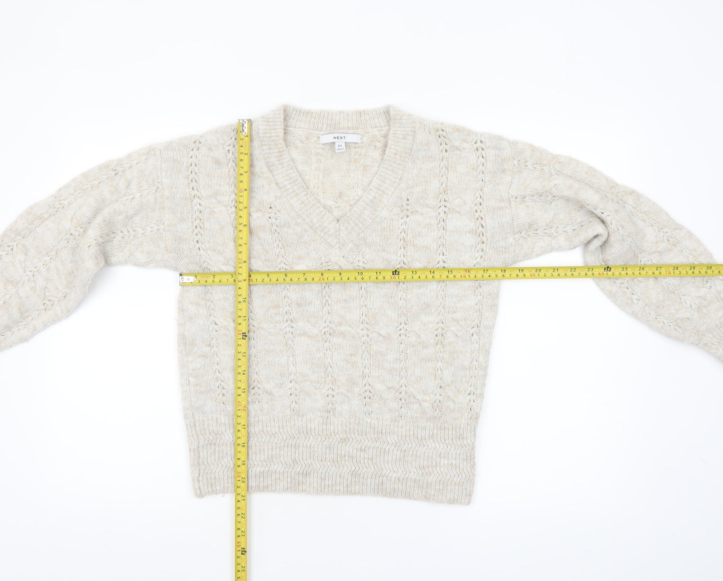 Next Women Beige Cable-Knit V-Neck Jumper XS