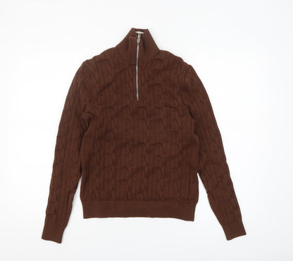 Marks & Spencer Men's Brown Cable-Knit 1/2 Zip Jumper Size S