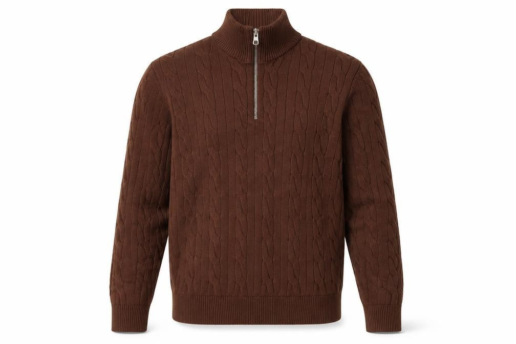 Marks & Spencer Men's Brown Cable-Knit 1/2 Zip Jumper Size S