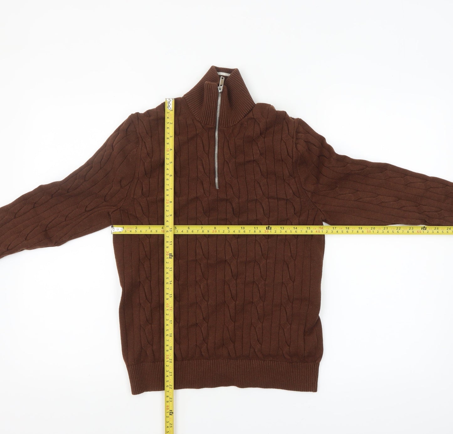 Marks and Spencer Men's Brown Cable-Knit 1/2 Zip Jumper Size S