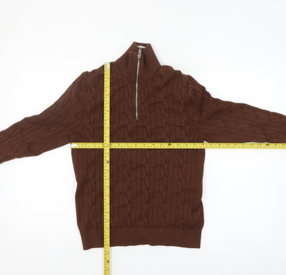 Marks & Spencer Men's Brown Cable-Knit 1/2 Zip Jumper Size S