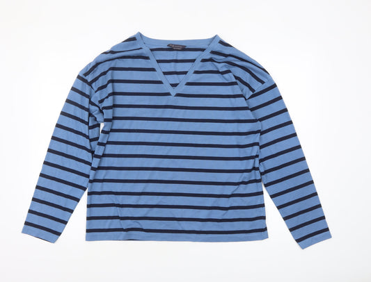 Marks and Spencer Women's Blue Striped V-Neck Long Sleeve T-Shirt Size 12
