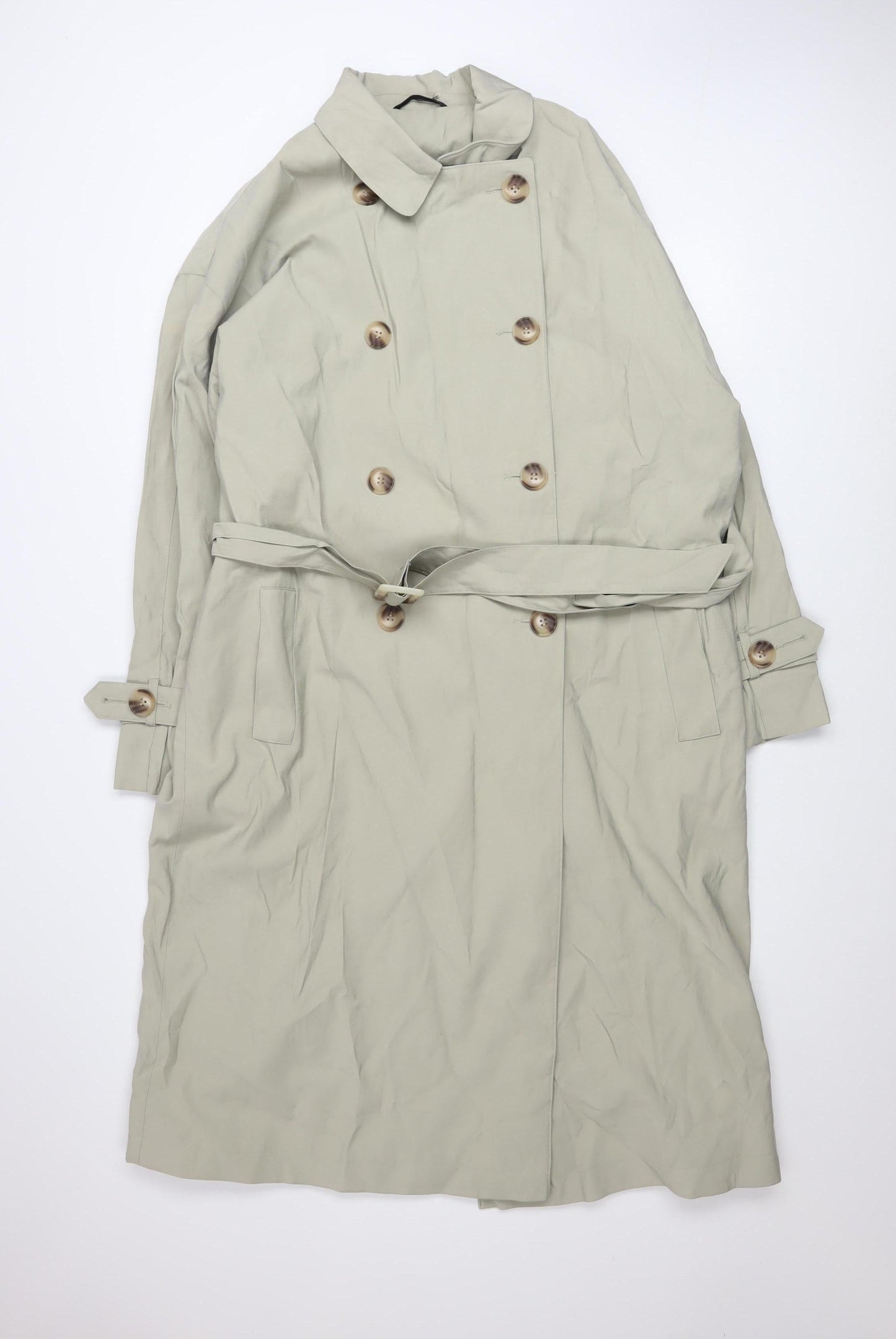 Dunnes Women Green Long Trench Coat Belted L Size Classic Style