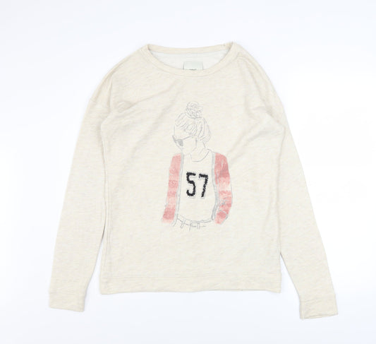 Next Women Beige Graphic Pullover Sweatshirt UK 8 Cotton Blend