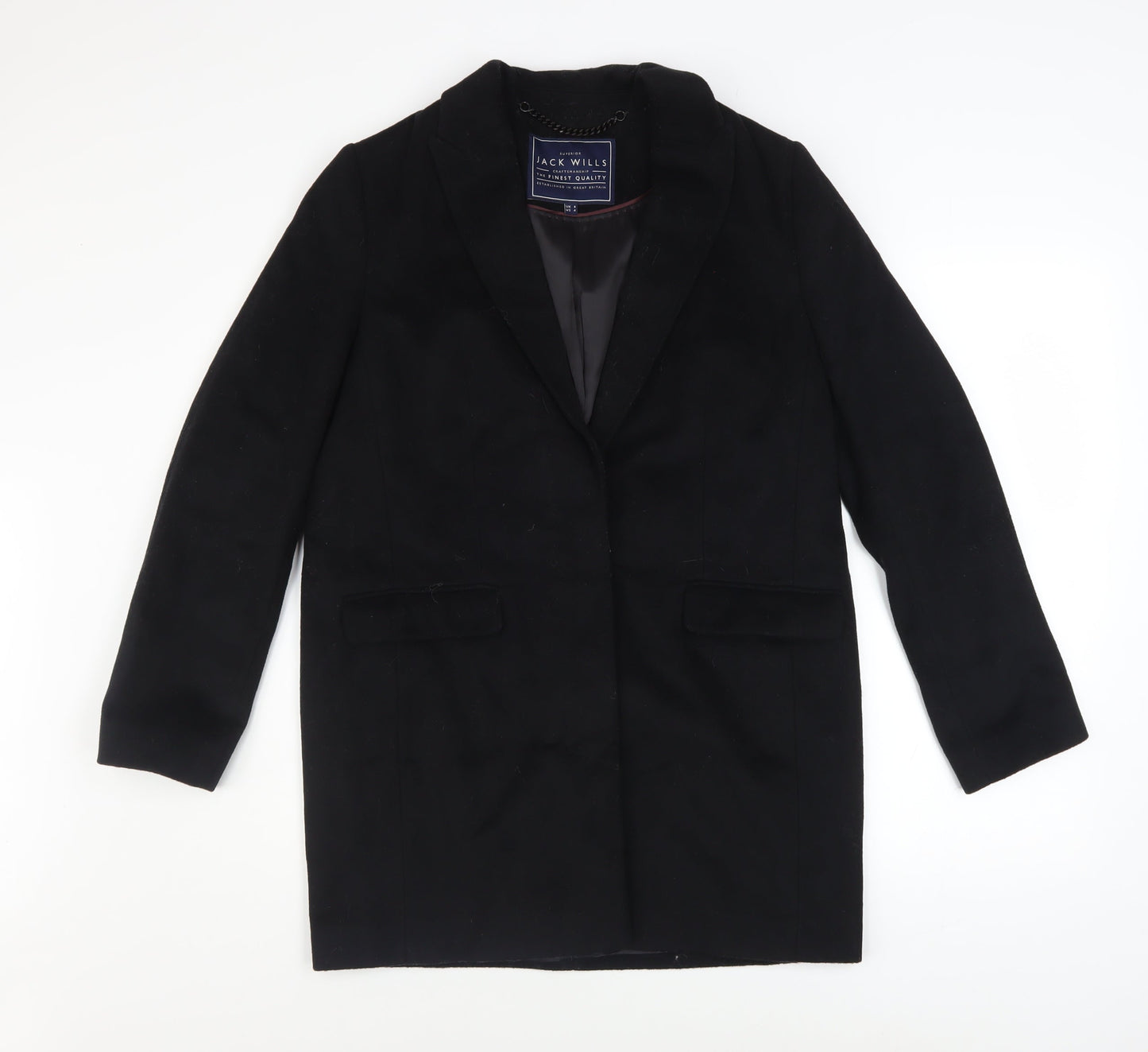 Jack Wills Womens Black Wool Blend Overcoat UK 8 Lined Single-Breasted