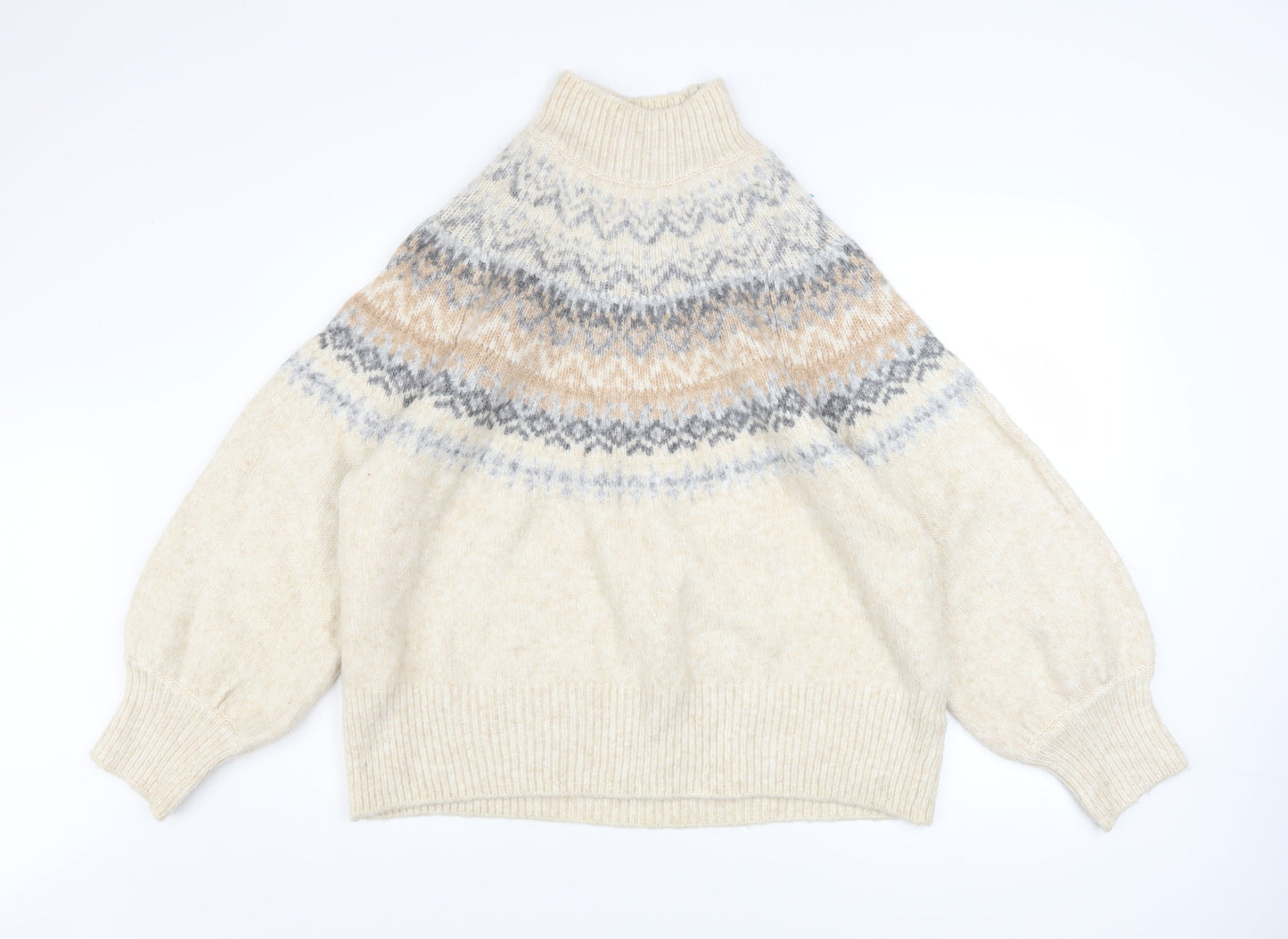 Marks and Spencer Women Beige Fair Isle High Neck Chunky Knit Jumper XL