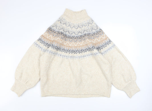 Marks and Spencer Women Beige Fair Isle High Neck Chunky Knit Jumper XL