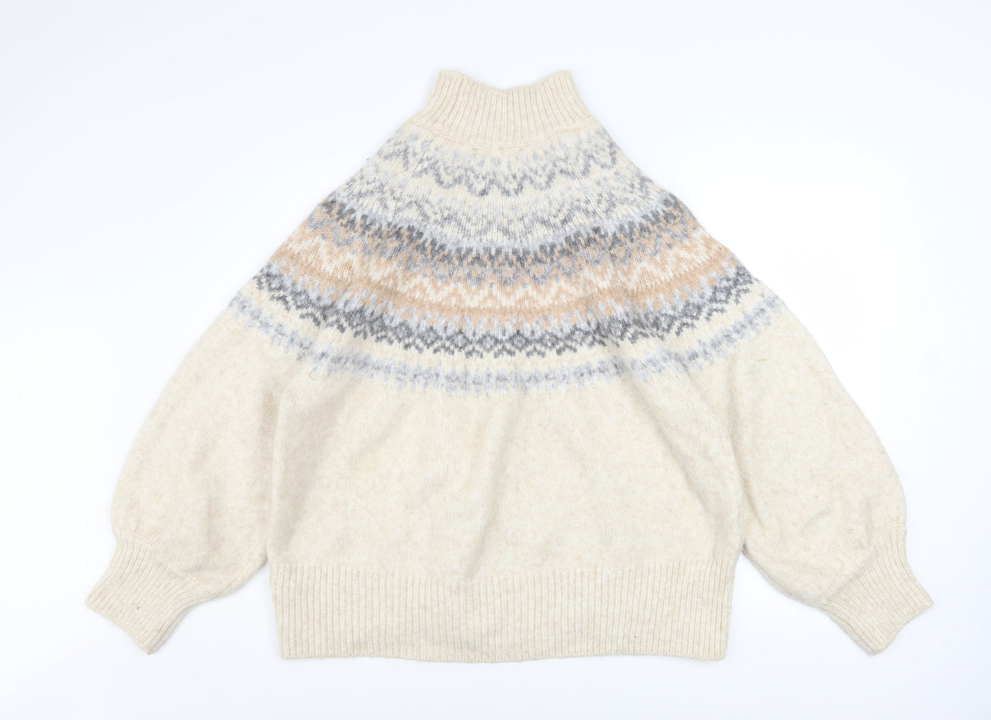 Marks and Spencer Women Beige Fair Isle High Neck Chunky Knit Jumper XL