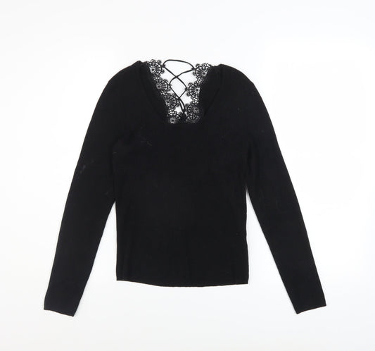 Urban Outfitters Women’s Black Lace V-Neck Slim Fit Pullover Jumper L