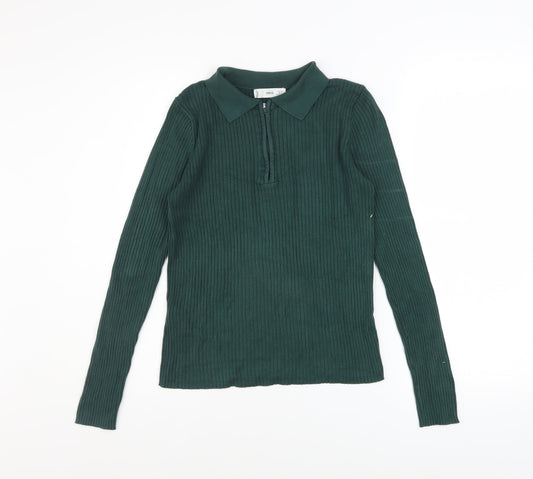 Mango Women's Green Collared Ribbed Henley Jumper Size 14