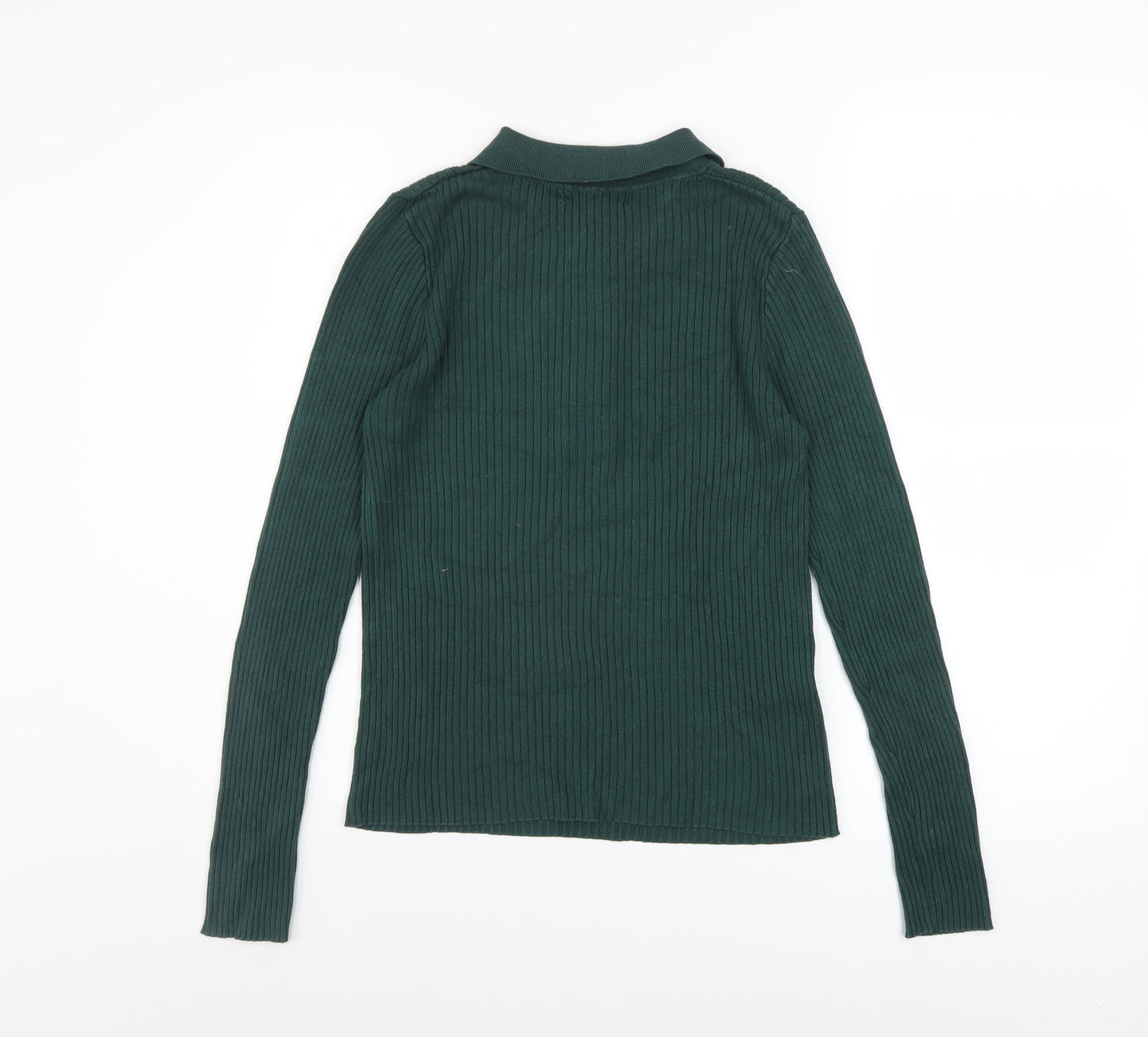 Mango Women's Green Collared Ribbed Henley Jumper Size 14