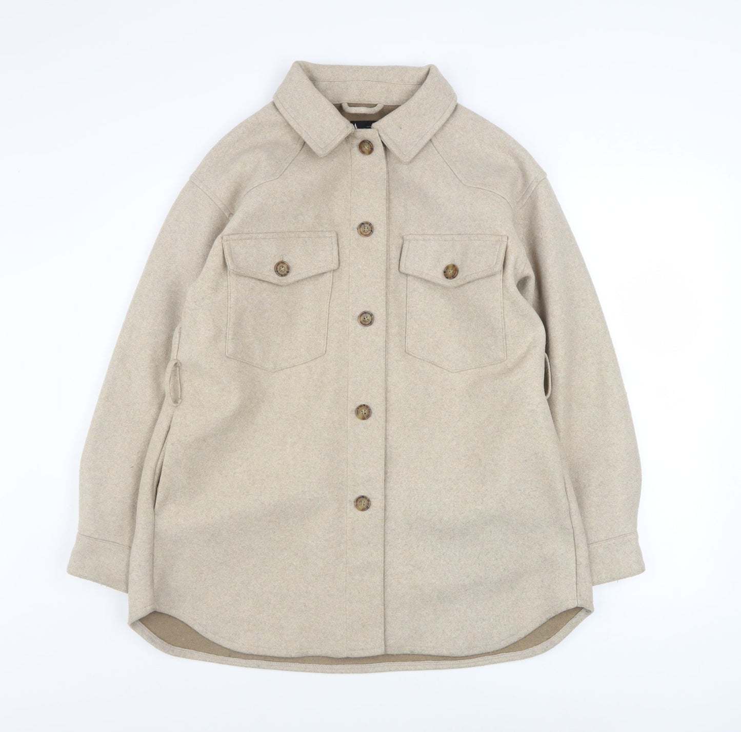 Zara Women Beige Button Shacket Jacket Size 12 Wool Look Casual