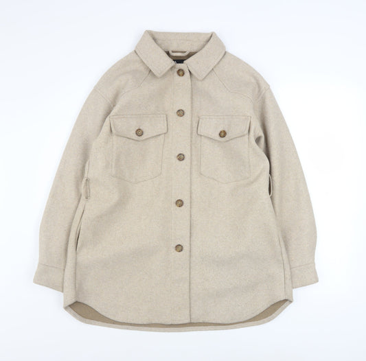 Zara Women Beige Button Shacket Jacket Size 12 Wool Look Casual