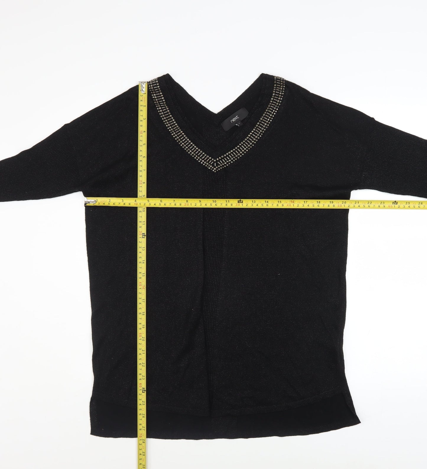 Next Women's Black Beaded V-Neck Long Sleeve Pullover Jumper Size 14