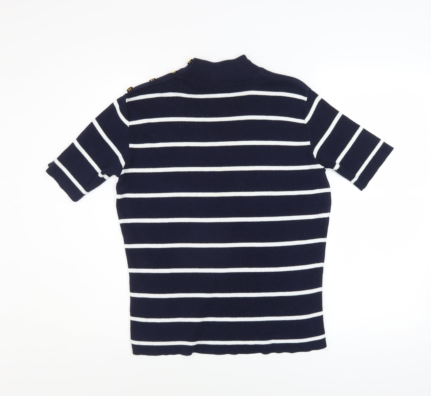 Marks and Spencer Women’s Navy Striped Knit Top UK 12 Mock Neck Short Sleeve