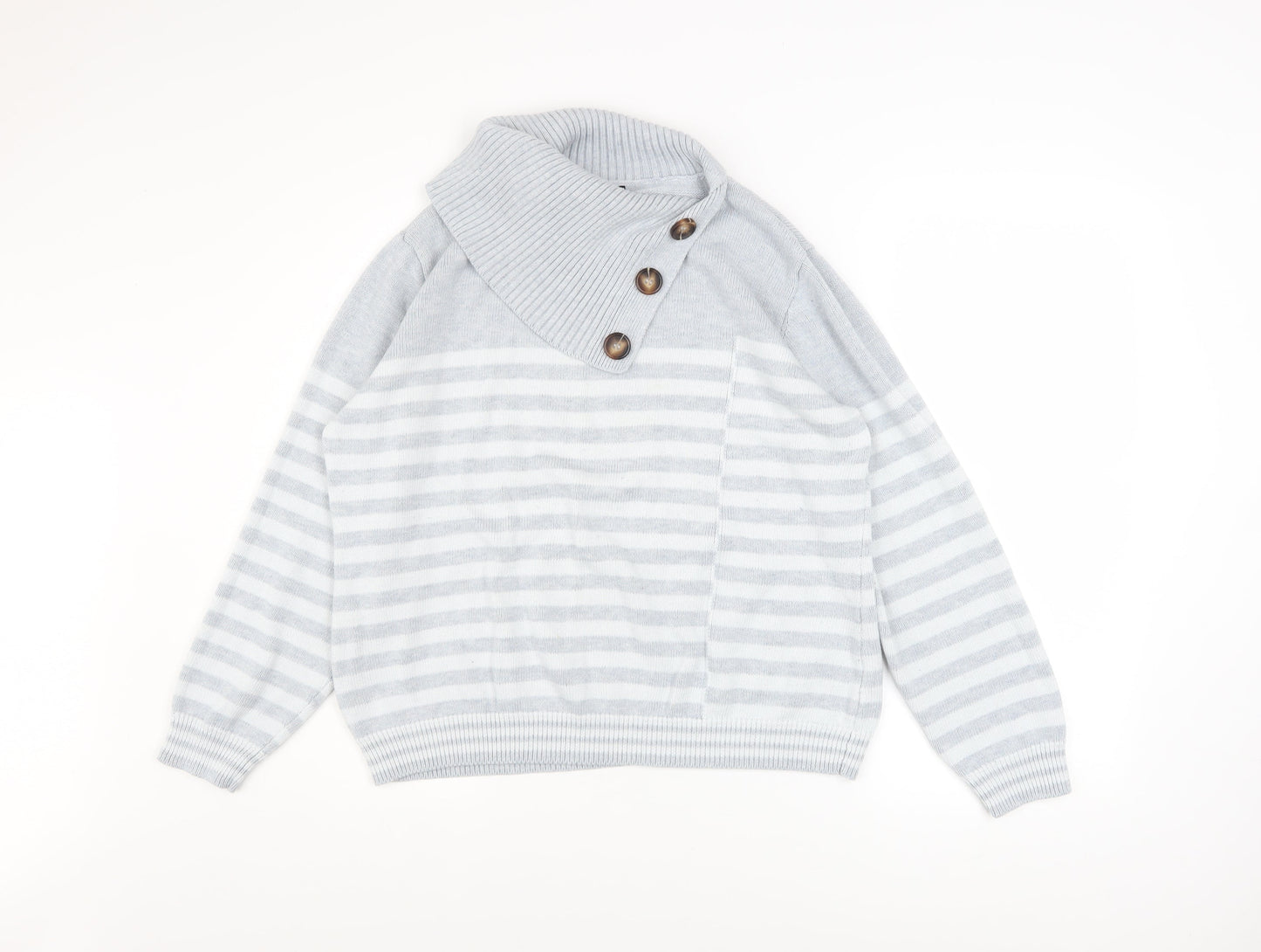 Roman Women’s Grey Striped Cowl Neck Button Knit Jumper Size 18