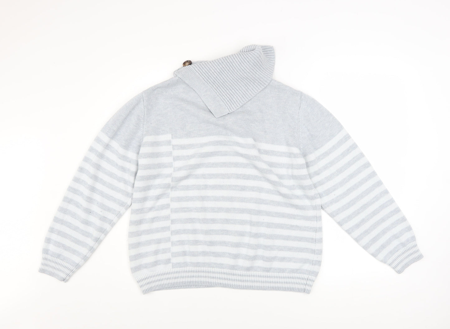 Roman Women’s Grey Striped Cowl Neck Button Knit Jumper Size 18