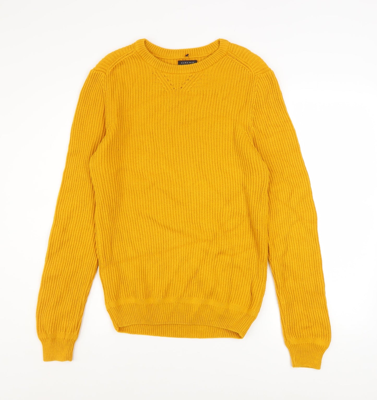 Zara Man Yellow Cotton Ribbed Crew Neck Men's M Pullover Jumper