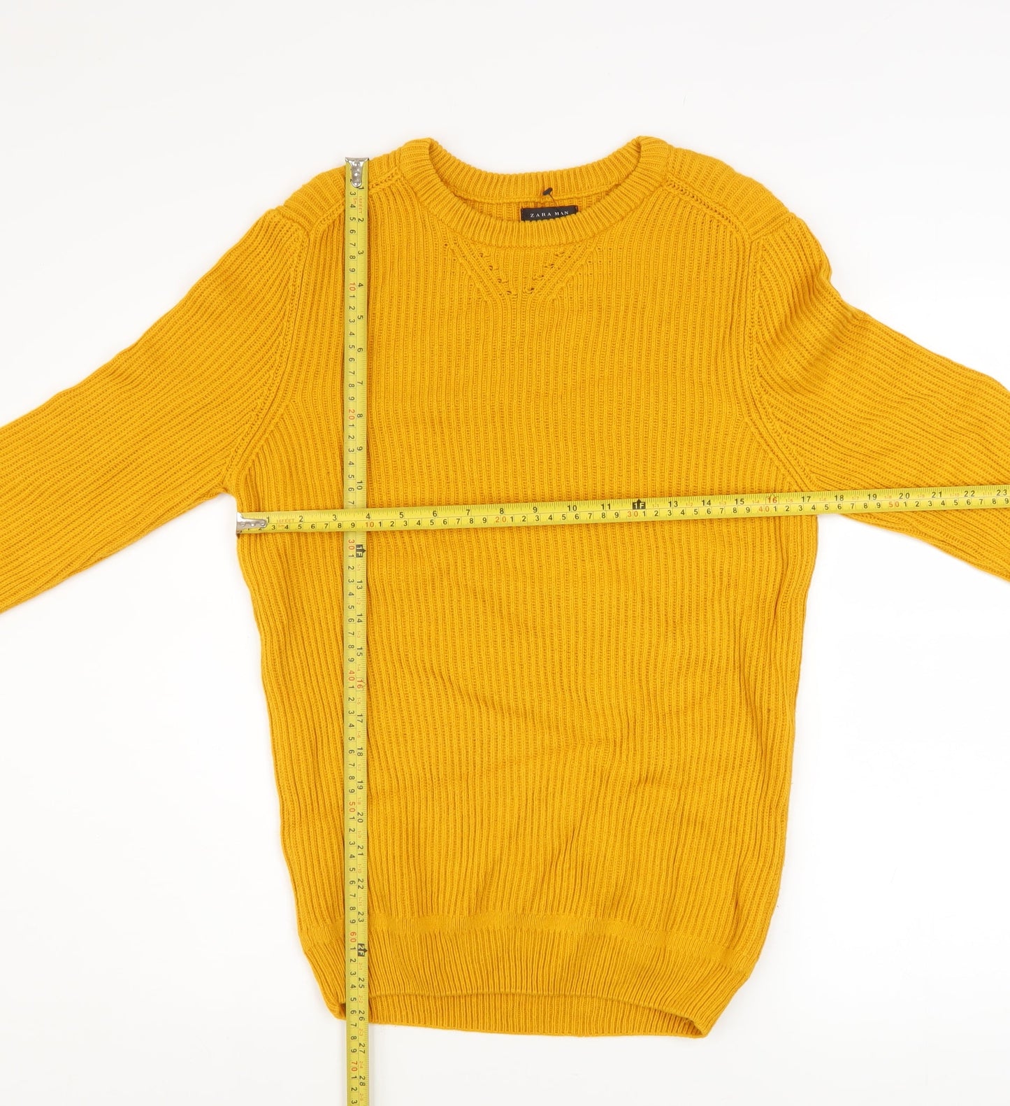 Zara Man Yellow Cotton Ribbed Crew Neck Men's M Pullover Jumper