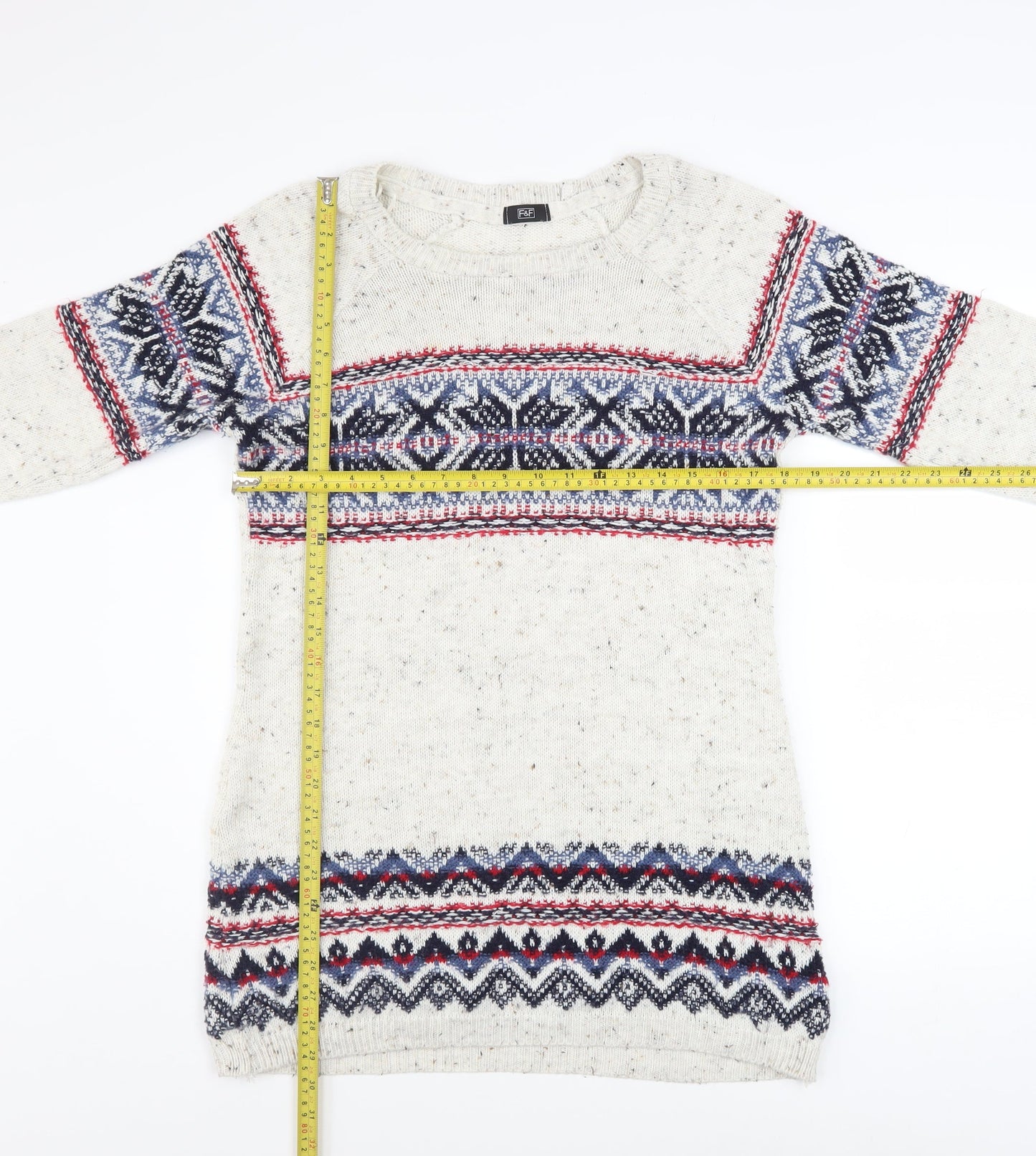 F&F Women's White Fair Isle Knit Long Sleeve Jumper Dress Size 12