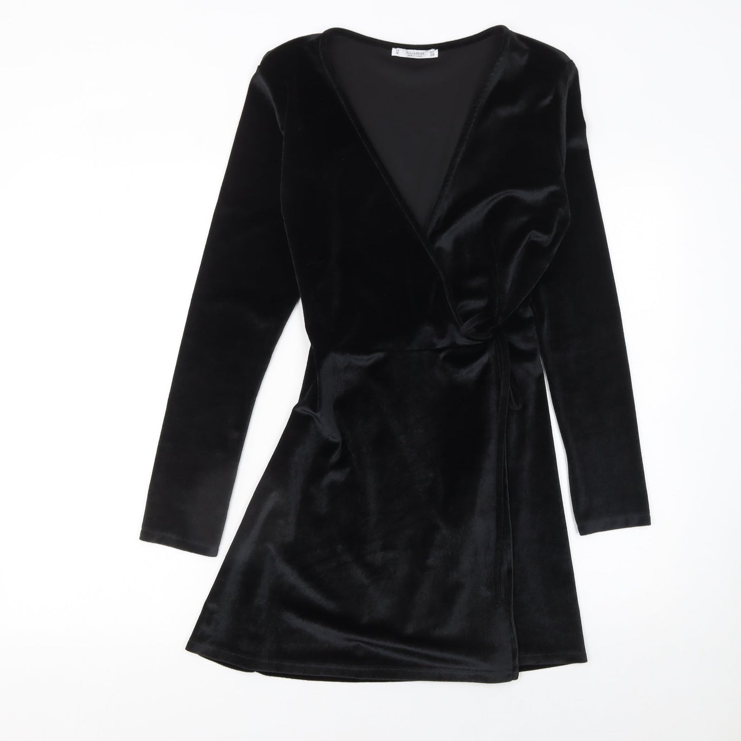 Pull & Bear Women’s Black Velvet Wrap Mini Dress Size 12 Long Sleeve Party