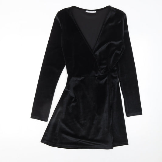 Pull & Bear Women’s Black Velvet Wrap Mini Dress Size 12 Long Sleeve Party