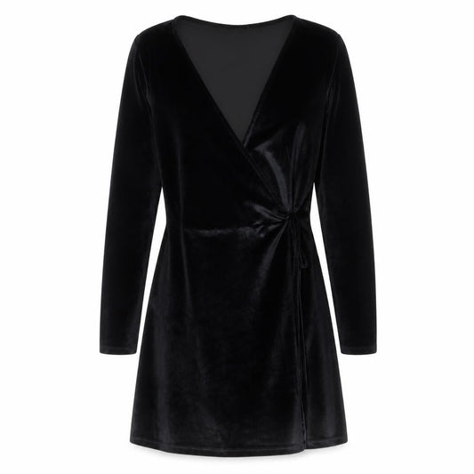 Pull&Bear Women’s Black Velvet Wrap Mini Dress Size 12 Long Sleeve Party