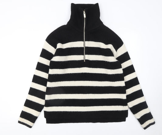 NEXT Girls Black & Ivory Striped 1/2 Zip Ribbed Jumper 15 Years
