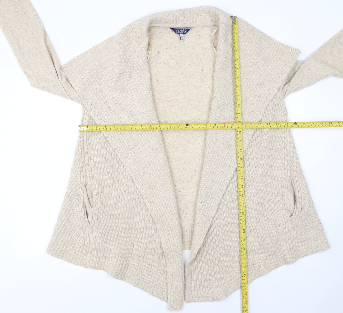 Joules Women Beige Wool Chunky Knit Open Collar Cardigan Size 10