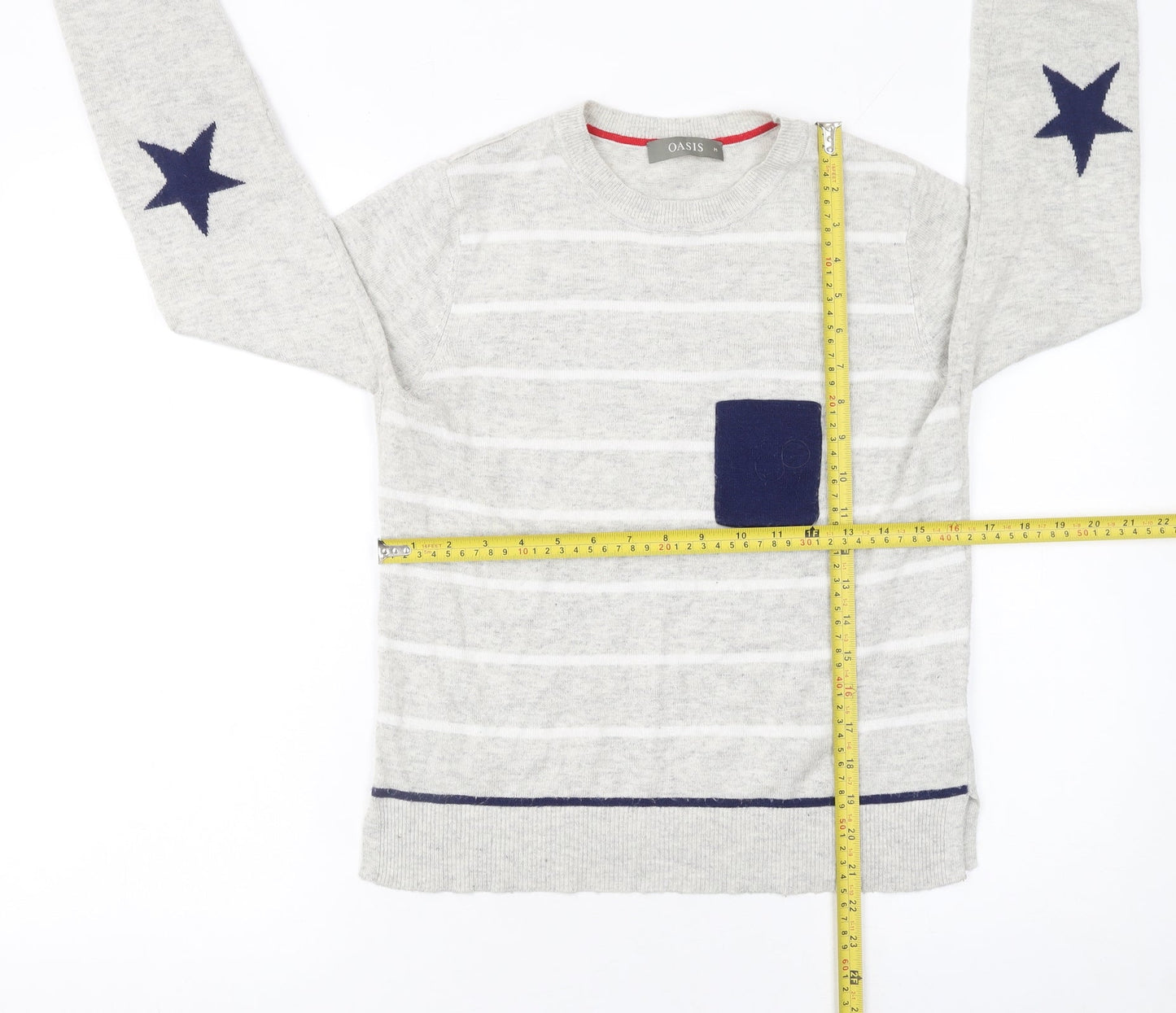 Oasis Women’s Grey Striped Star Jumper Size M Crew Neck Pullover