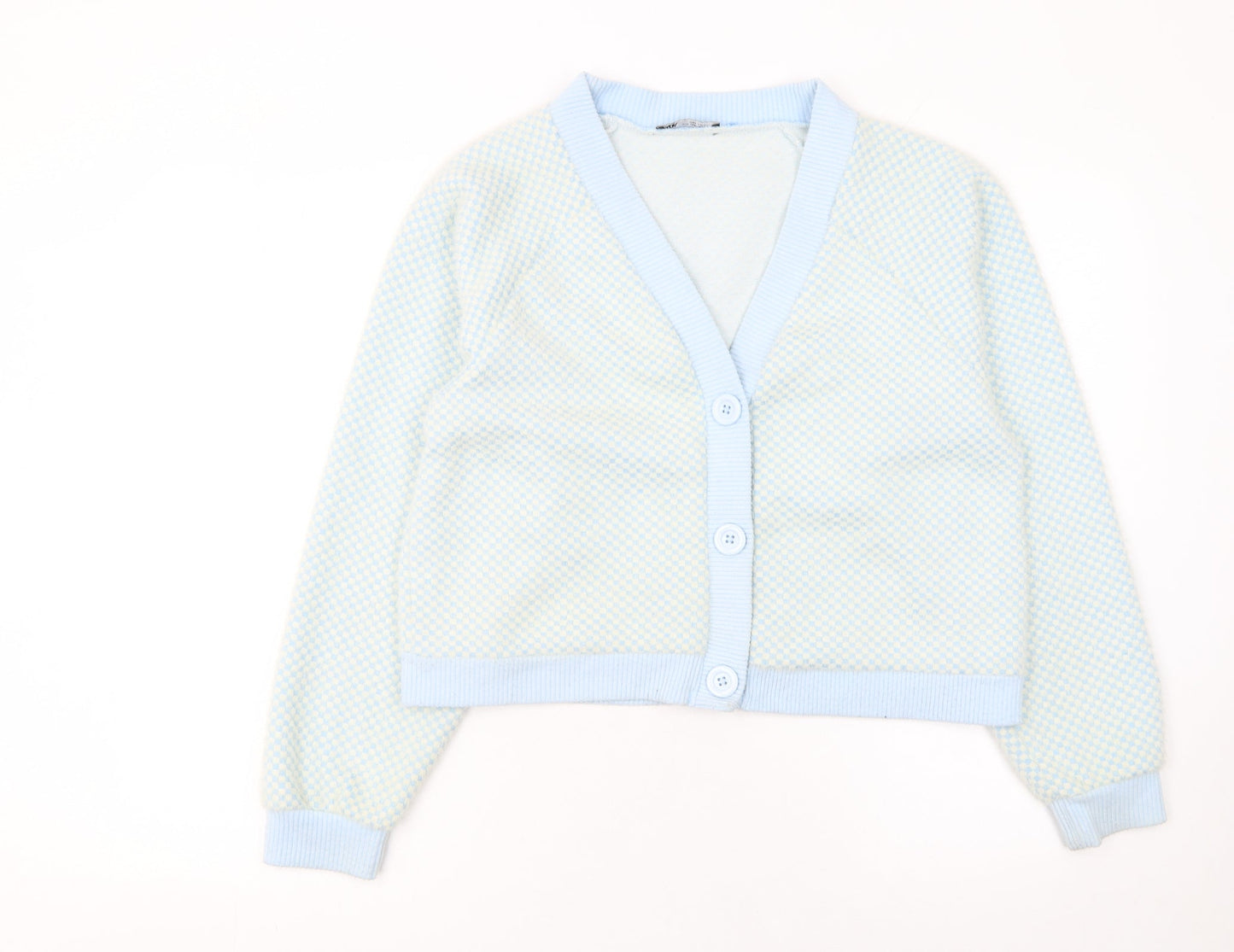 ZARA Women Blue Check V-Neck Button Cardigan Size M