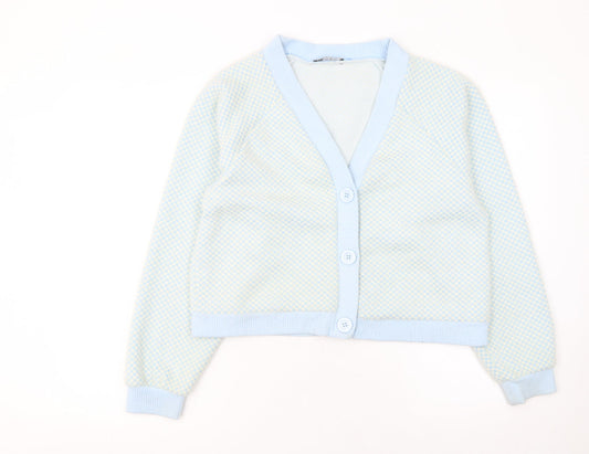 ZARA Women Blue Check V-Neck Button Cardigan Size M